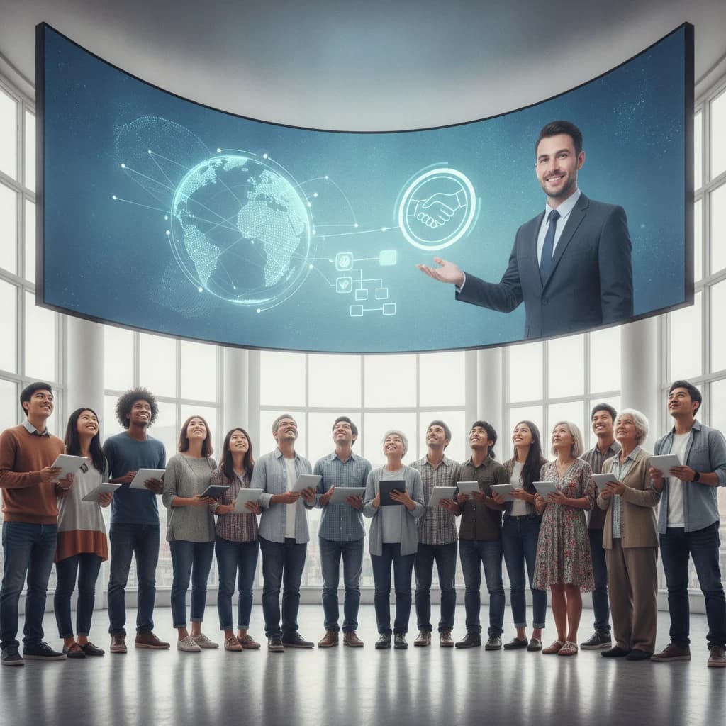 A diverse group of people, representing different nationalities and ages, looking hopefully towards a digital screen displaying immigration-related information or a legal professional. The image should convey themes of hope, guidance, and digital connection, without any text overlays or low lighting.