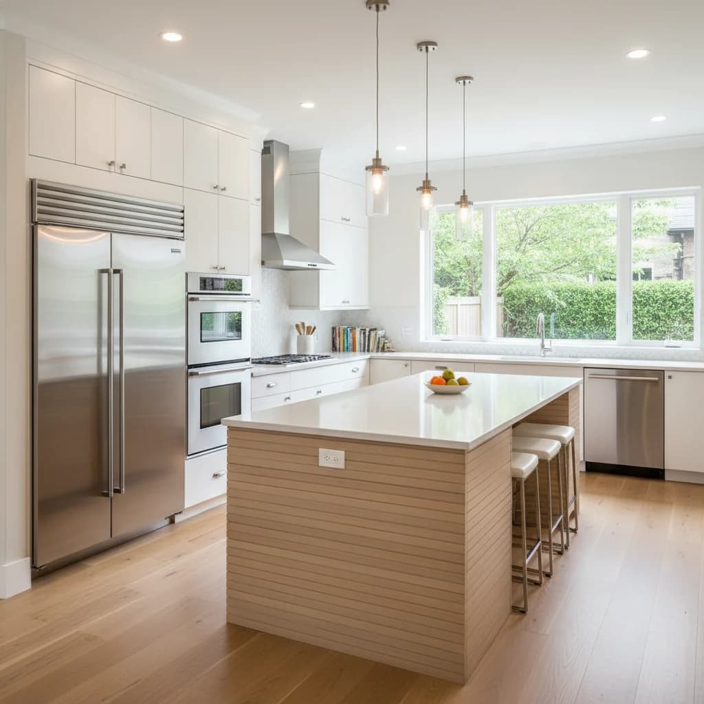 A bright, modern kitchen with white cabinets, stainless steel appliances, and a large island with pendant lights. The kitchen is clean, organized, and beautifully designed, showcasing high-quality craftsmanship. There are no free-standing bathtubs, text overlays, text in the image, competitors, low-lighting, or unfinished demolition.