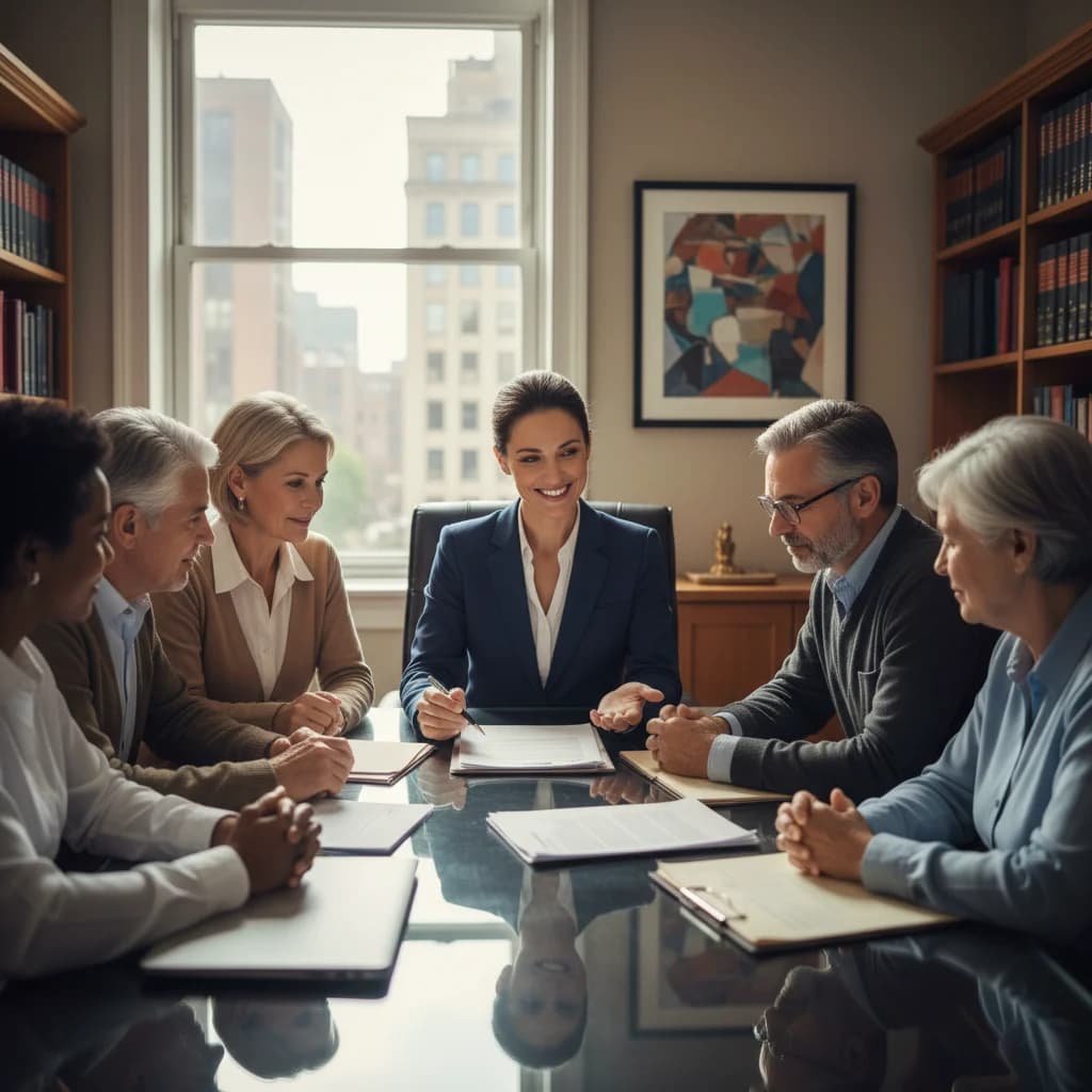 A diverse group of people, representing different ages and backgrounds, gathered around a table, actively listening to a friendly and professional bankruptcy lawyer who is explaining legal documents. The lawyer points to a document with a pen, maintaining an open and reassuring posture. The setting is a modern, well-lit law office with no text overlays or dark hallways.