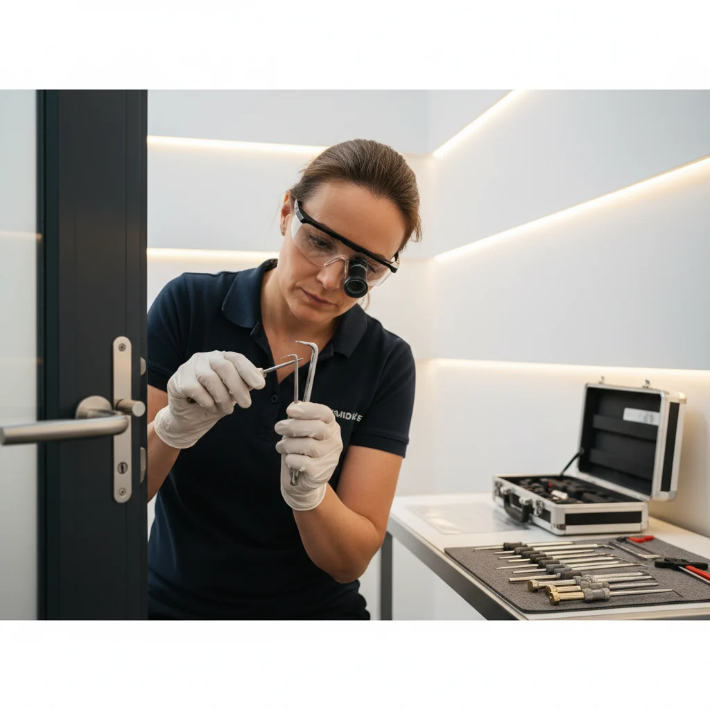 A professional locksmith working on a lock with tools, emphasizing precision and expertise. The scene is well-lit, clean, and modern. No visible text, no low-lighting, no competitors, no burglars.