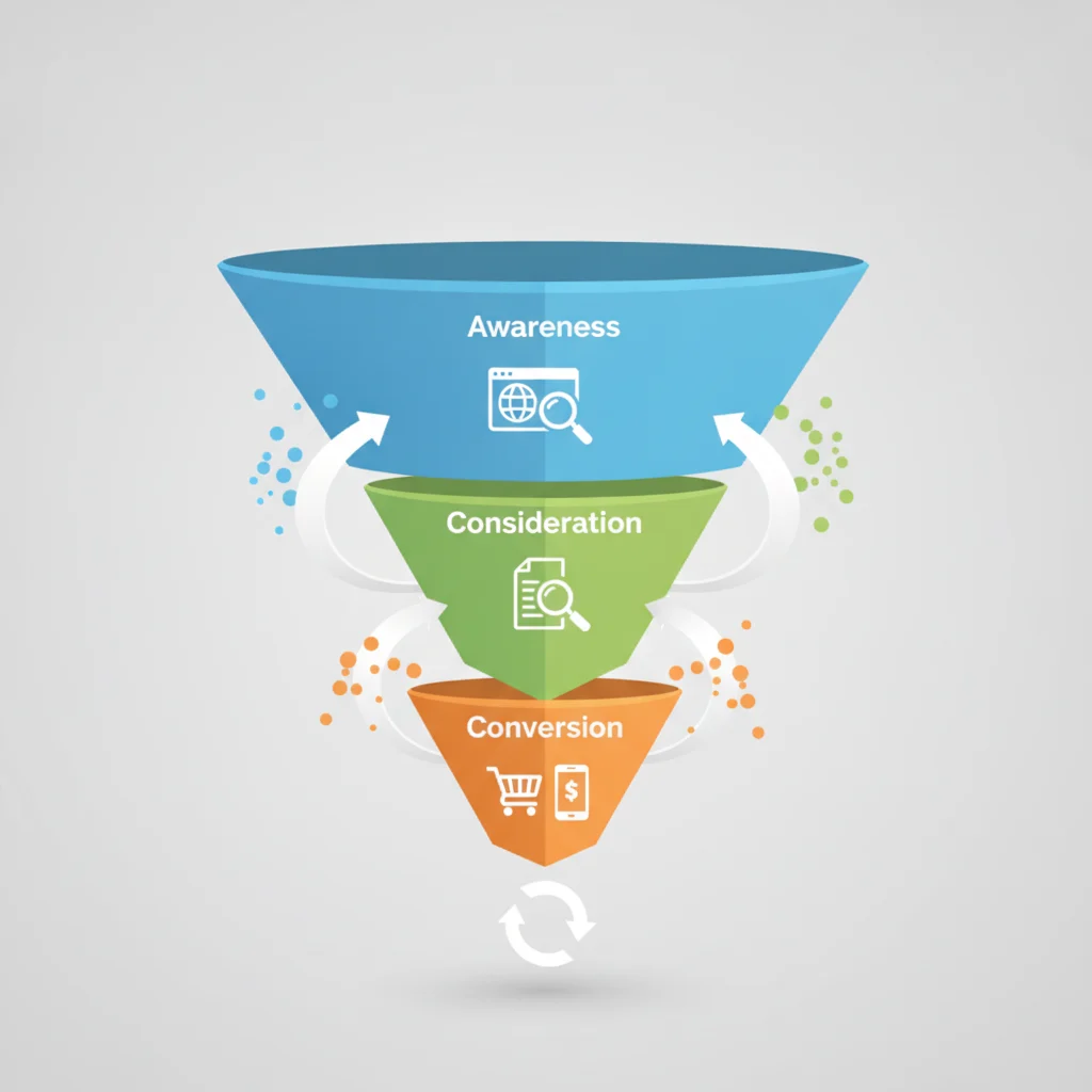 A detailed, modern infographic illustrating a digital marketing funnel with distinct stages: Awareness (search icon), Consideration (magnifying glass), Conversion (shopping cart/phone icon). The funnel should show arrows indicating user flow and data points. Clean, professional design with a light background. NO text in image, NO broken glass, NO low-lighting, NO competitors.