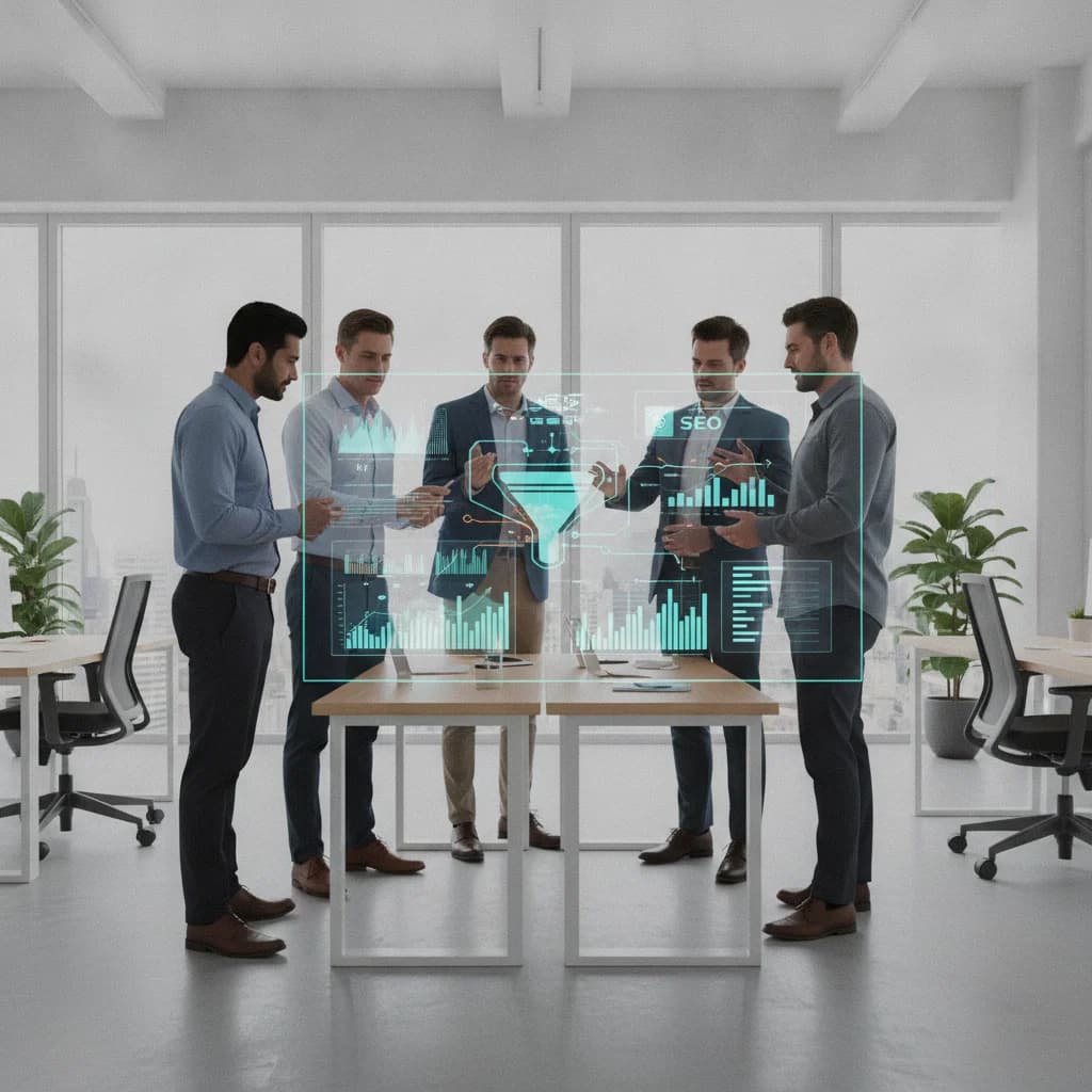 A modern, clean office setting with a diverse group of professionals collaborating around a digital dashboard displaying SEO analytics and conversion funnels, with a focus on data visualization. The image should convey professionalism, technology, and strategic thinking, without any visible text or specific company logos.