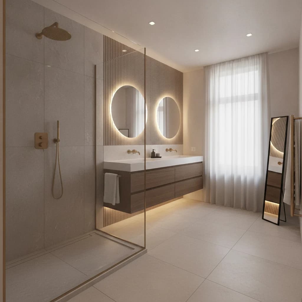 A beautifully renovated modern bathroom, featuring sleek, minimalist design, a large walk-in shower with clear glass, elegant tiling, and soft, indirect lighting. The overall feel is luxurious and inviting. NO text in image, NO competitors, NO free standing bathtubs.
