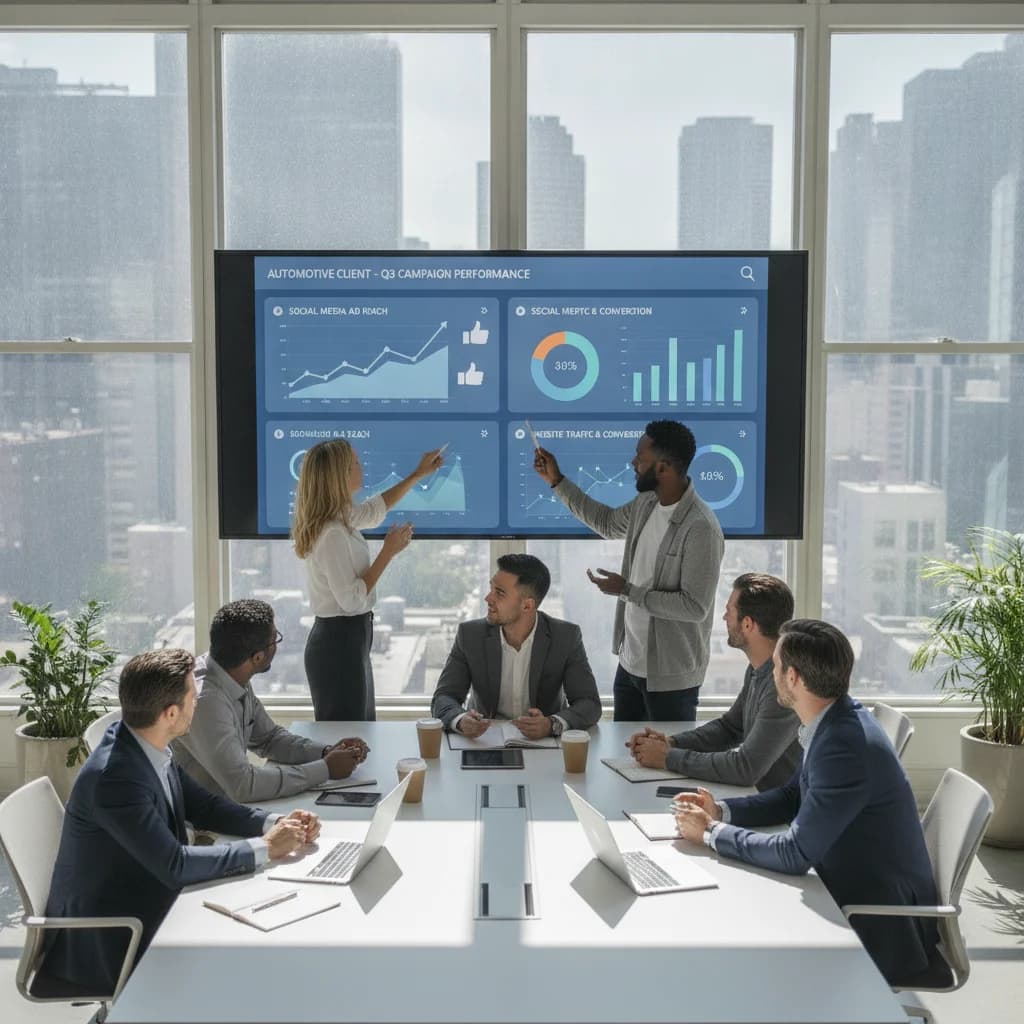 A diverse team of digital marketers collaborating around a large screen displaying analytics and social media ad performance charts for an automotive client. The scene is bright, professional, and shows active engagement and transparency. No text in image, no competitors, no low-lighting.