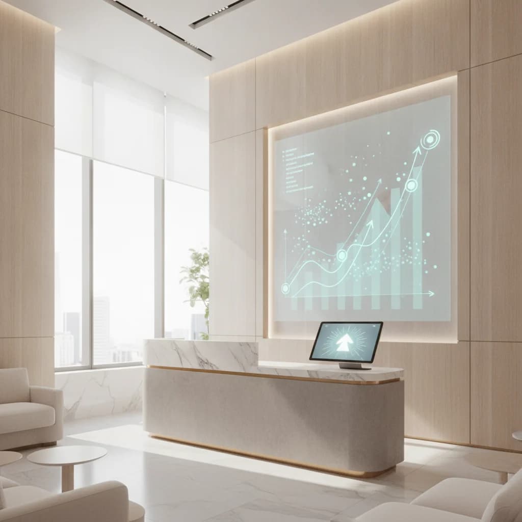 A professional, clean image depicting a modern med spa interior with subtle digital marketing analytics overlays, showing upward trends and positive data. Focus on aesthetics and growth, no text in image, no competitors, no low-lighting, no exaggerated faces.