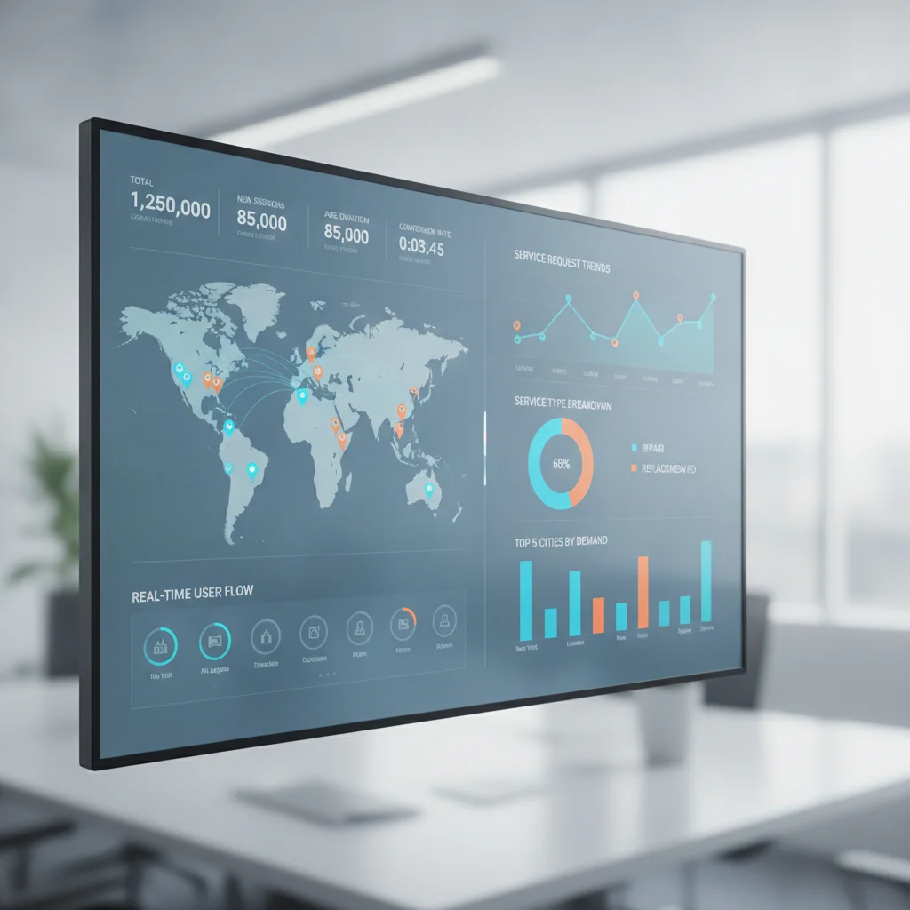 A professional, clean, and modern digital dashboard showing analytics data, graphs, and a map with location pins, representing user behavior mapping for auto windshield services. No text in the image, no broken glass, no low-lighting.