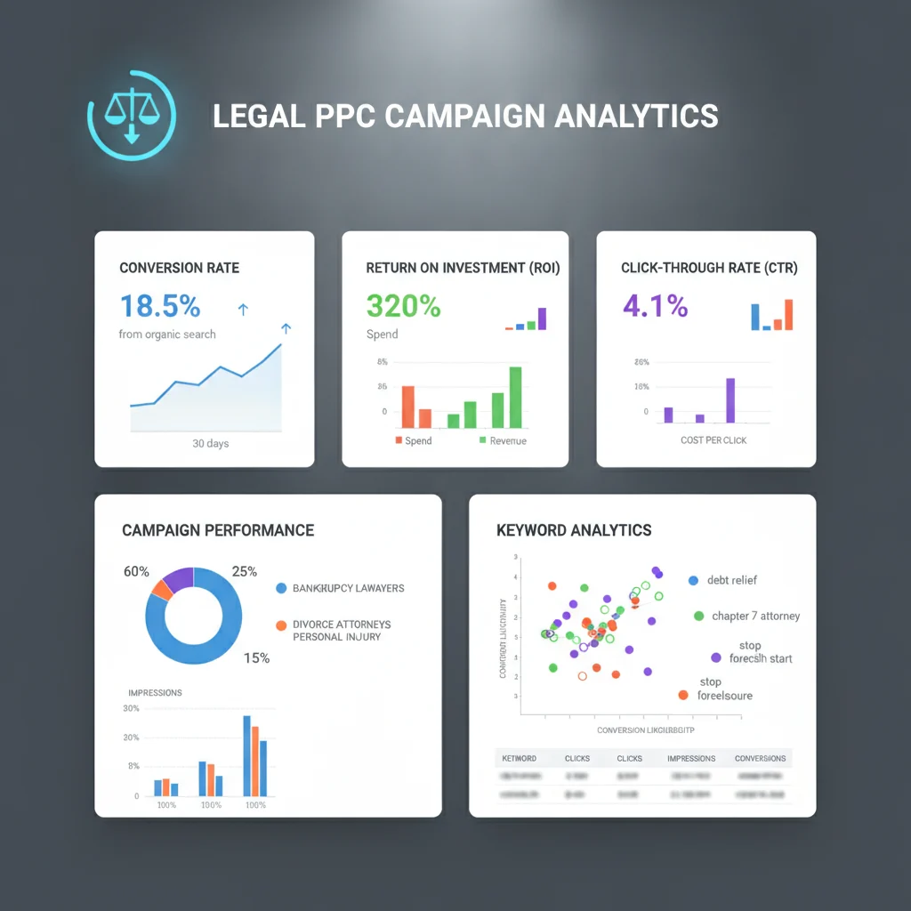 A detailed, clear visual representation of a digital marketing dashboard showing analytics and graphs specifically for legal PPC campaigns, with conversion rates and ROI prominently displayed. The dashboard should have a modern, clean design, and a subtle icon representing bankruptcy law (e.g., a simplified balance scale or a document). No text overlays, no text in image, no competitors, no low-lighting.