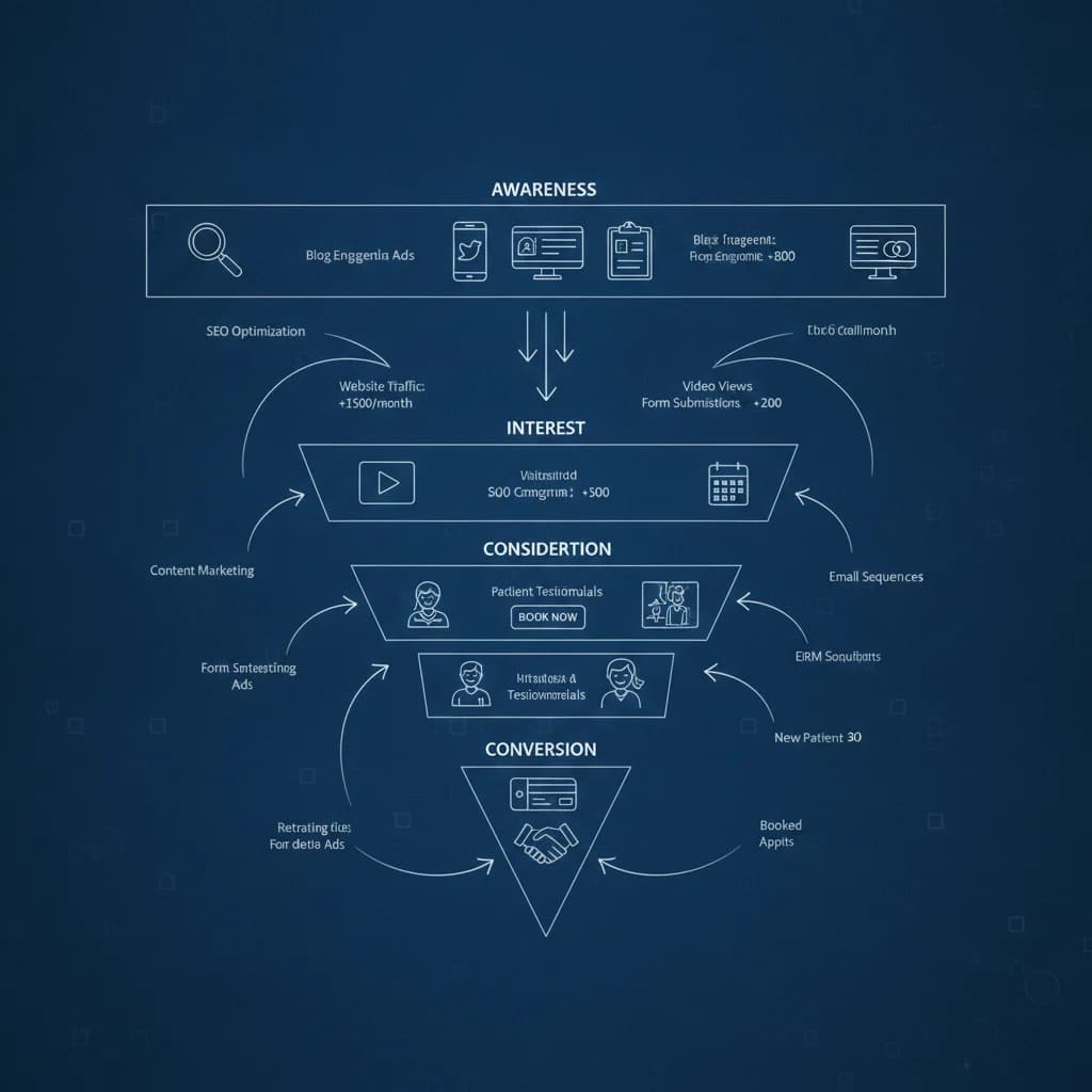A detailed schematic or blueprint visualization of a digital marketing funnel specifically for physical therapy patient acquisition, showing stages from awareness to conversion, with data points and strategic arrows. The design should be modern, clean, and professional, without any text, competitors, or low-lighting.