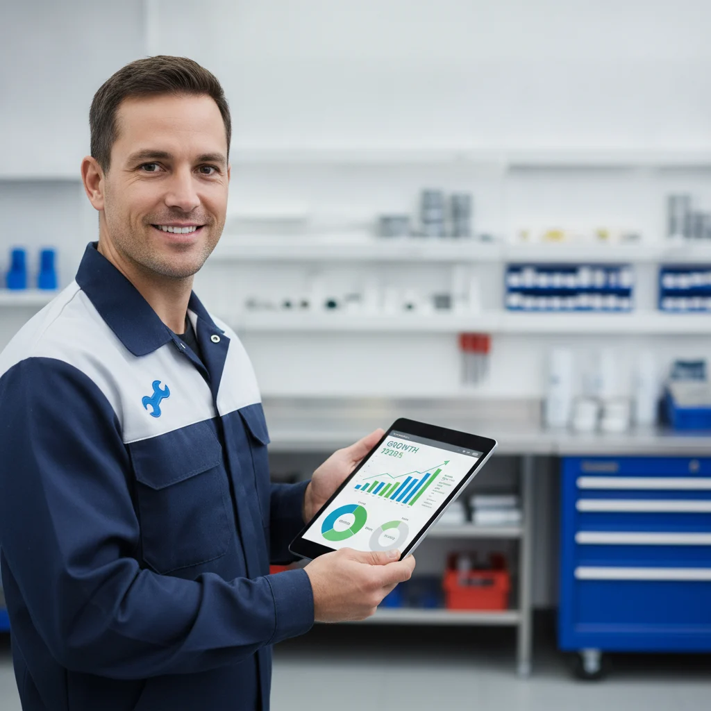 A professional plumber in a clean, modern uniform, holding a tablet displaying a clear, easy-to-understand digital marketing dashboard with graphs showing positive growth and ROI metrics. The background is a blurred, clean plumbing workshop. No text in image, NO competitors, NO low-lighting, NO messy toolboxes.