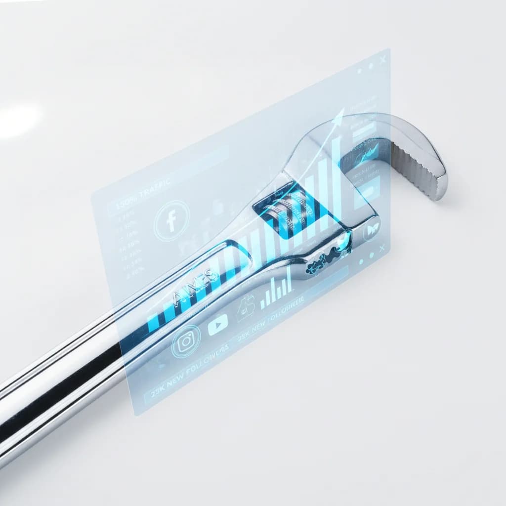 A clean, modern image showing a plumber's wrench superimposed with a digital marketing dashboard displaying analytics and social media icons. Bright, professional lighting. No text, no competitors, no messy tools.