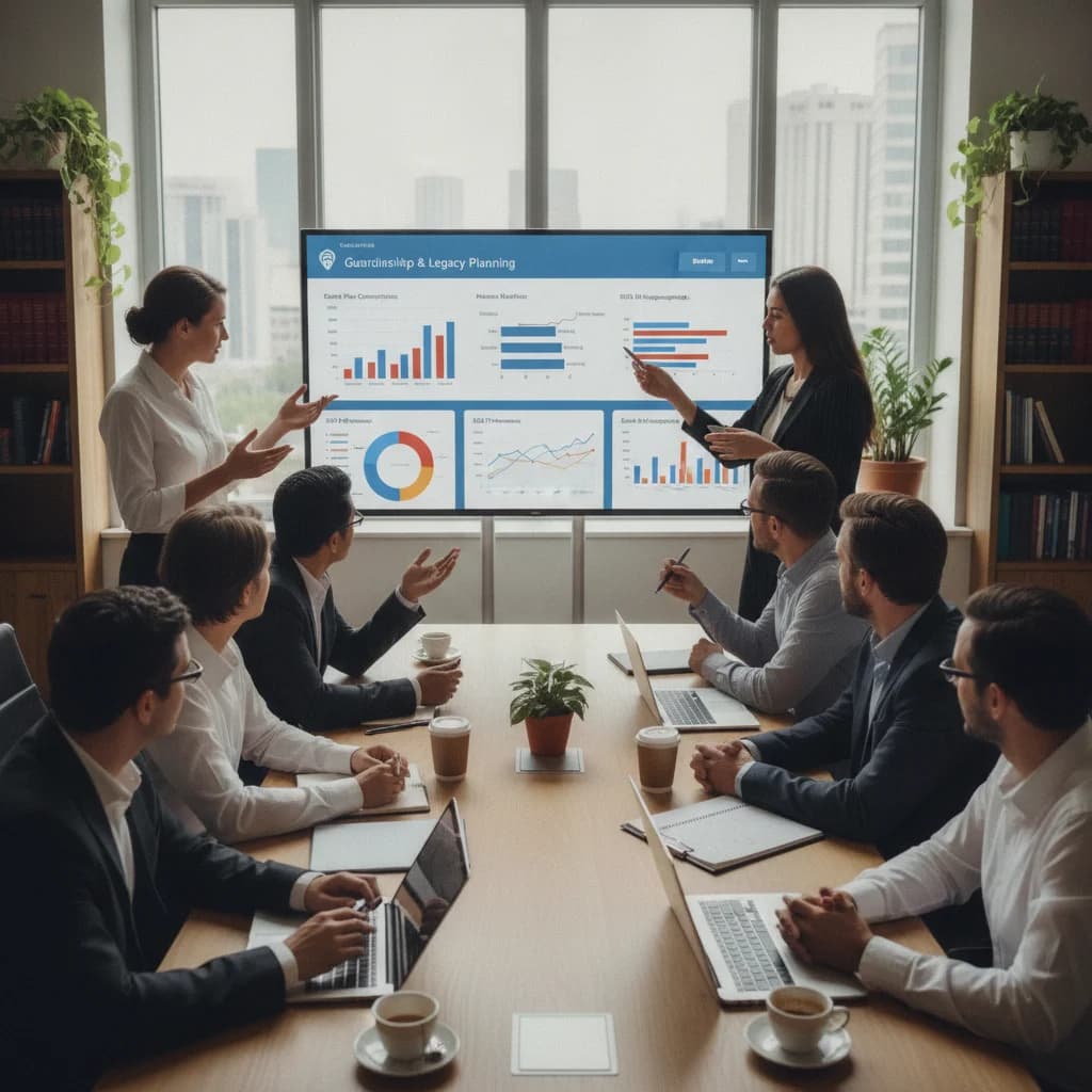 A professional, diverse group of legal and digital marketing professionals collaborating around a large screen displaying analytics data for an estate planning firm. The image should convey collaboration, expertise, and digital strategy, with no text overlays, no competitors, and bright, professional lighting.