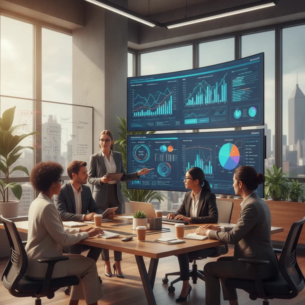 A diverse team of digital marketing professionals collaborating in a modern, brightly lit office, looking at data visualizations on large screens. The scene should convey expertise and innovation, with no text overlays and a professional, positive atmosphere.