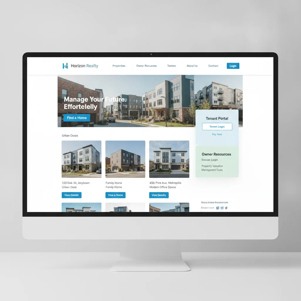 A modern, sleek website interface for a property management company, displaying various property listings, a tenant portal login, and owner resources. The design emphasizes user-friendliness, clear calls to action, and professional imagery. No text overlays, no competitors, no low-lighting, no blurred listings.