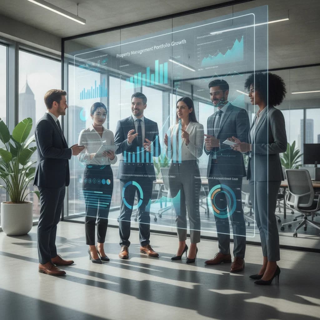 A diverse group of business professionals in a modern, brightly lit office collaborating around a large digital display showing data analytics and charts related to property management and programmatic ad performance. The image should convey professionalism, technology, and growth, with no text overlays or competitors.