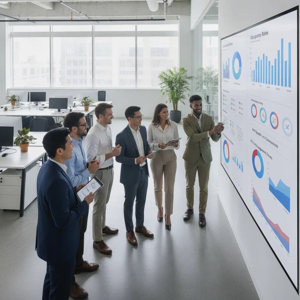 A vibrant, modern office environment with a diverse team collaborating around a digital dashboard displaying property management analytics and social media ad performance metrics. The image should convey professionalism, technology, and success, with a focus on data visualization. NO text overlays, NO text in image, NO competitors, NO low-lighting, NO blurred listings