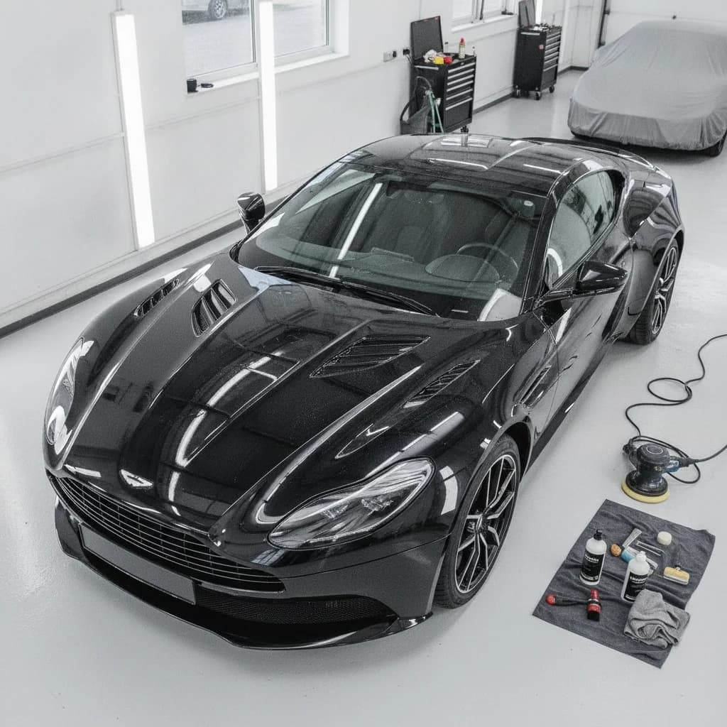 A high-angle shot of a luxury car being meticulously detailed with high-shine finish, showcasing reflections and professional tools, with a blurred, clean auto detailing shop in the background. No text, no competitors, bright lighting, dynamic composition