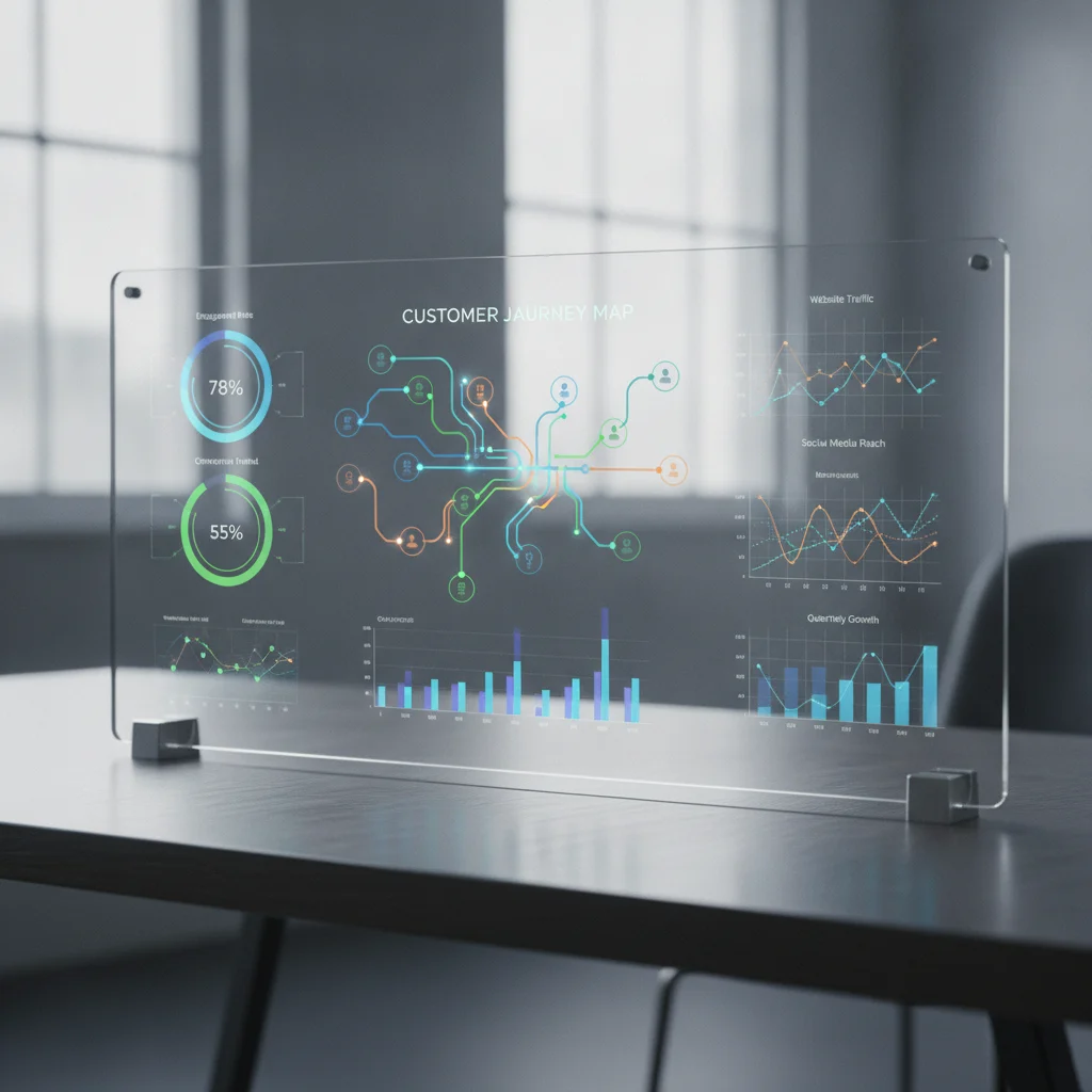 A modern, high-tech dashboard displaying various analytics graphs and customer journey mapping, with a clean, professional aesthetic. The focus is on data visualization and digital strategy, no text, no competitors, bright lighting.