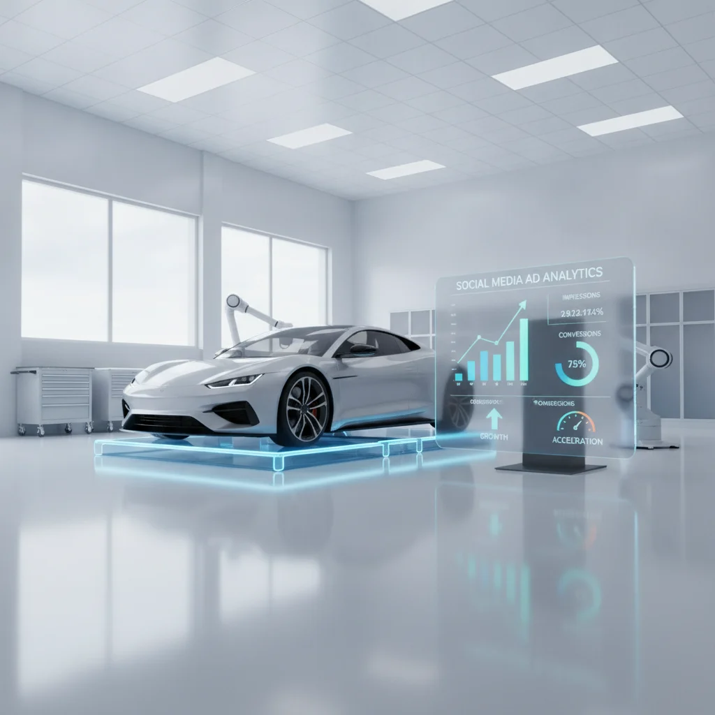 Dynamic, modern auto repair shop bay with a tablet displaying social media ad analytics, bright and clean environment, no text, no competitors, no low-lighting, no dirty environments, professional, digital marketing, growth, acceleration.