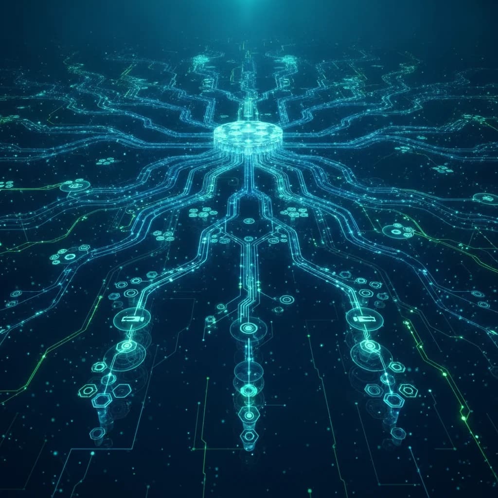 A detailed, abstract digital representation of data flow and audience segmentation, showing interconnected nodes and lines representing user behavior mapping and lead cascades in an automotive context. The colors are vibrant blues and greens, conveying technology and growth. No text, no competitors, no low-lighting, no car crashes.
