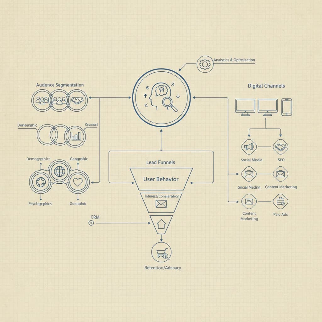A detailed blueprint or flowchart showing interconnected digital marketing strategies, with icons representing user behavior, lead funnels, and audience segmentation. The design should be clean, modern, and professional, without any text overlays.