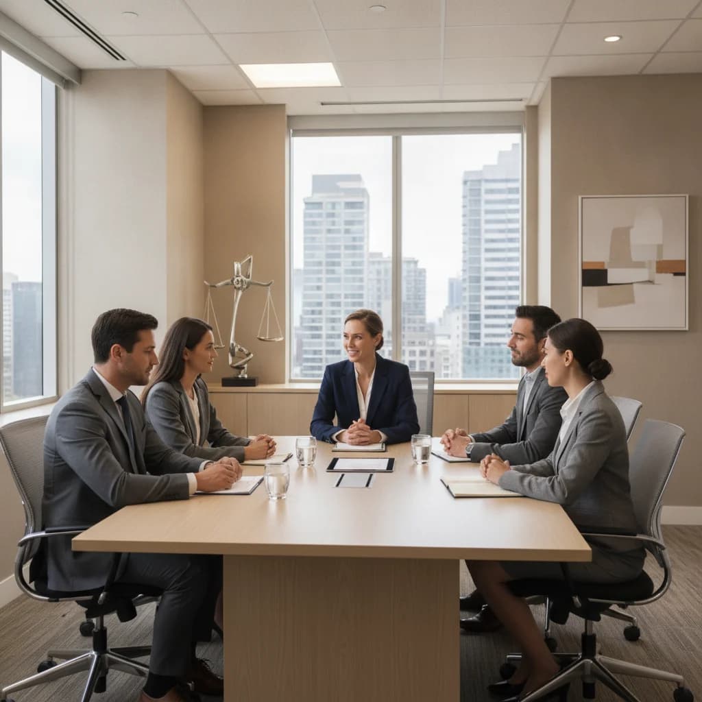 A professional, clean, and modern legal office setting with a diverse group of people (clients and a lawyer) in a respectful consultation. The lawyer is attentively listening to a client. The atmosphere is calm and reassuring. No text overlays, no text in image, no competitors, no low-lighting.