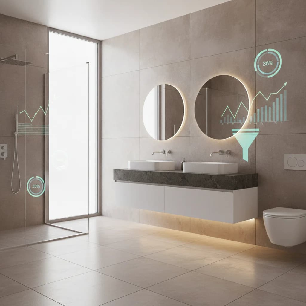 A modern, inviting bathroom interior with sleek, contemporary fixtures and finishes. Overlayed subtly are digital analytics graphics, charts, and lead funnel visualizations, symbolizing data-driven growth. The image should be clean, professional, and evoke a sense of quality and progress. No text, no competitors, and no freestanding bathtubs.