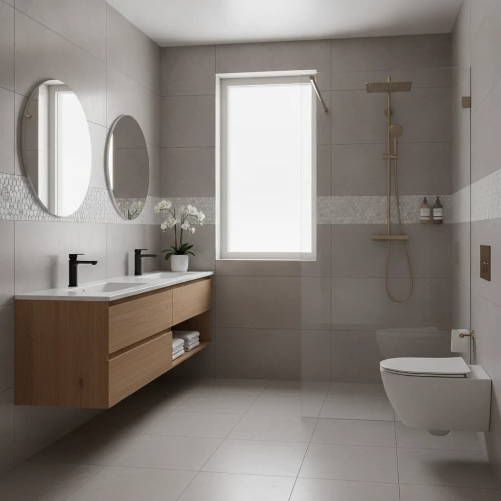 A modern, clean bathroom with stylish fixtures and tiling, viewed from a perspective that highlights the overall design. Soft, natural light fills the space. NO text in image, NO competitors, NO free standing bathtubs.