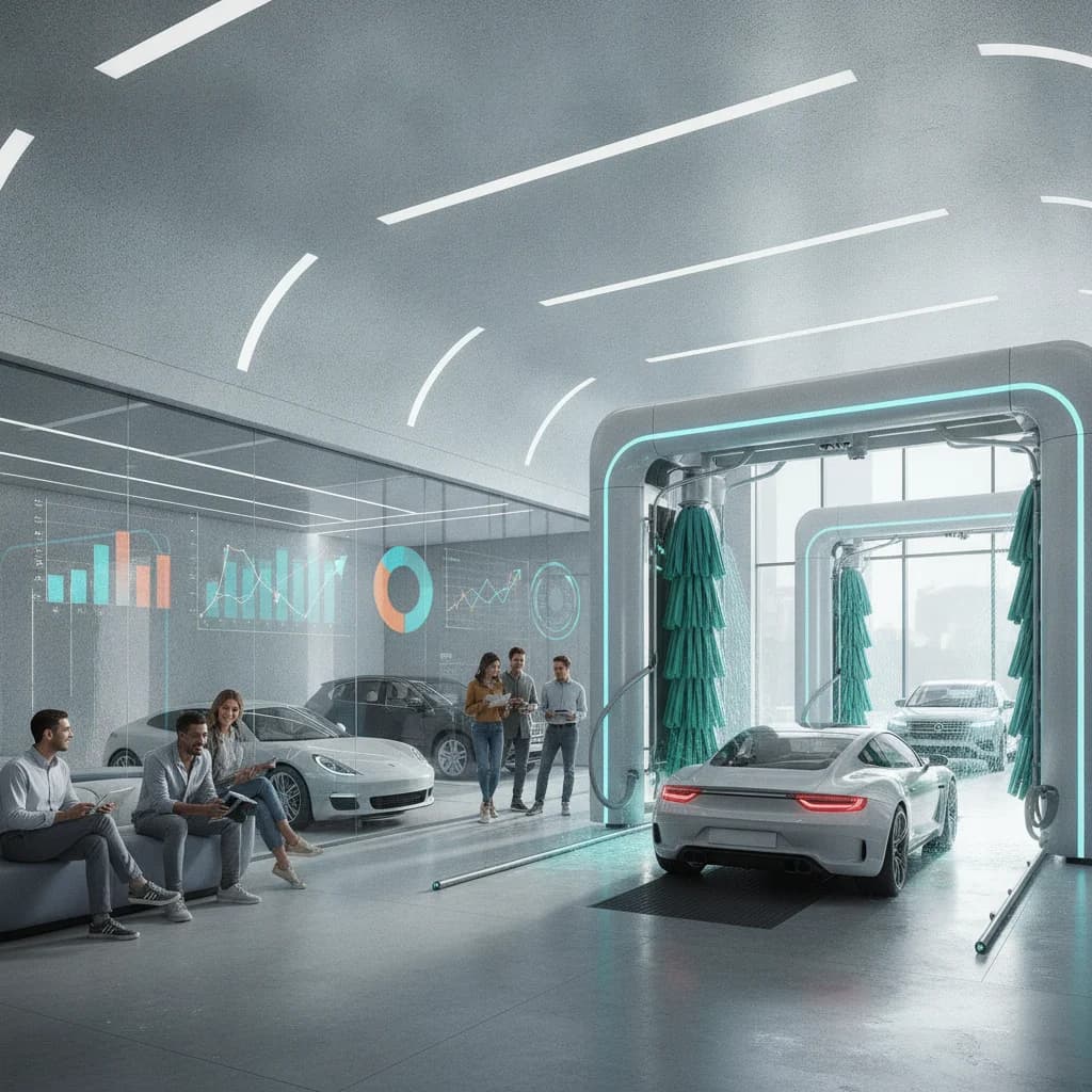 A sleek, modern car wash facility with high-tech equipment and a diverse group of happy customers. Digital analytics charts and customer segmentation graphics are subtly overlaid in the background, showing growth and targeted marketing. Bright, professional lighting, no text, no competitors.