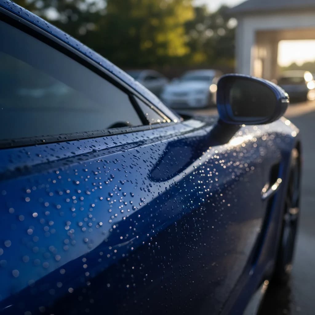 A close-up, high-quality, professional image of a car gleaming after a wash, with water droplets visible and a deep shine. The background is softly blurred to keep focus on the car's cleanliness. The image should evoke a sense of satisfaction and quality, without any text, competitors, or low-lighting.