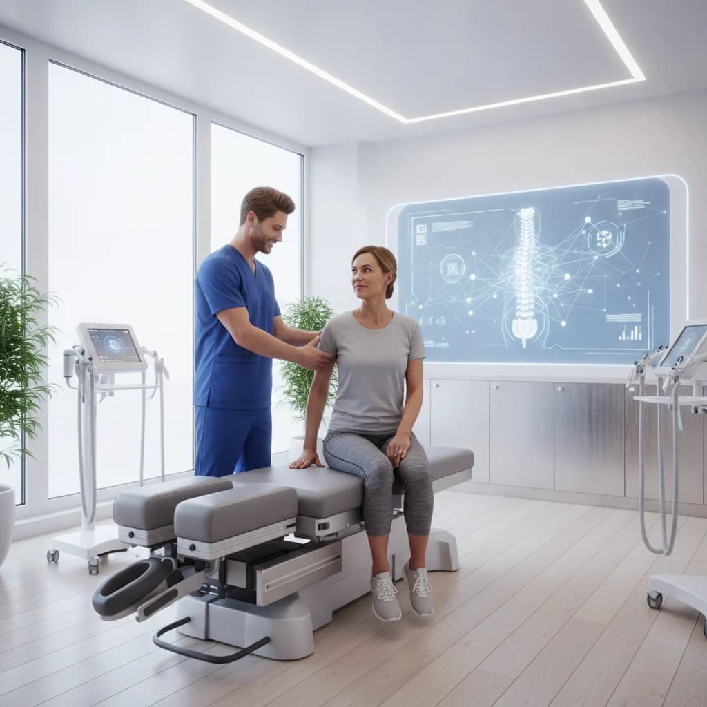 A modern, clean chiropractic office with a friendly chiropractor interacting with a patient, demonstrating trust and professionalism. The scene should convey advanced technology and patient-centric care, with a digital overlay showing data points and connectivity, no text, no competitors, no low-lighting.