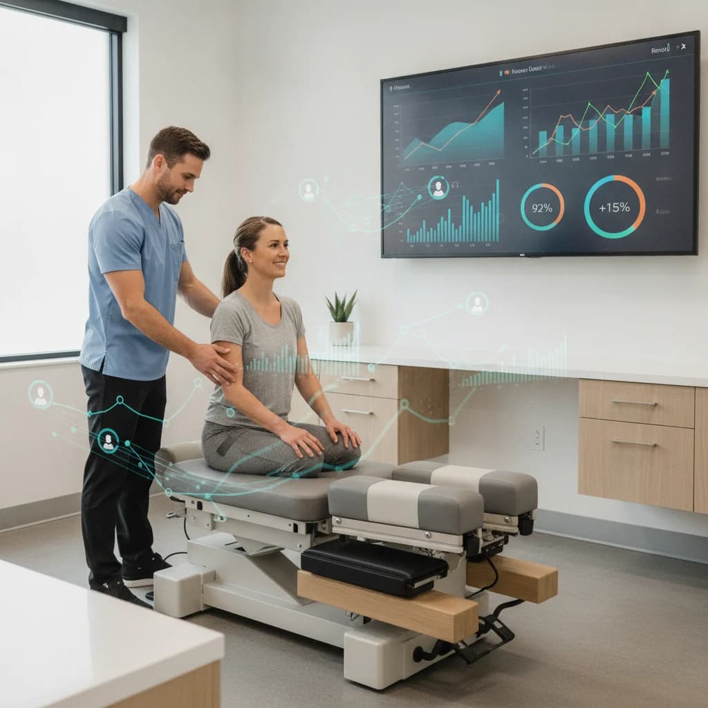 A modern, clean chiropractic office setting with subtle digital overlays showing data streams and patient profiles. A chiropractor is interacting with a patient, while in the background, a large screen displays an analytics dashboard with upward trending graphs. The image should convey growth, technology, and patient care. Bright, professional lighting, no text on screen, no competitors.