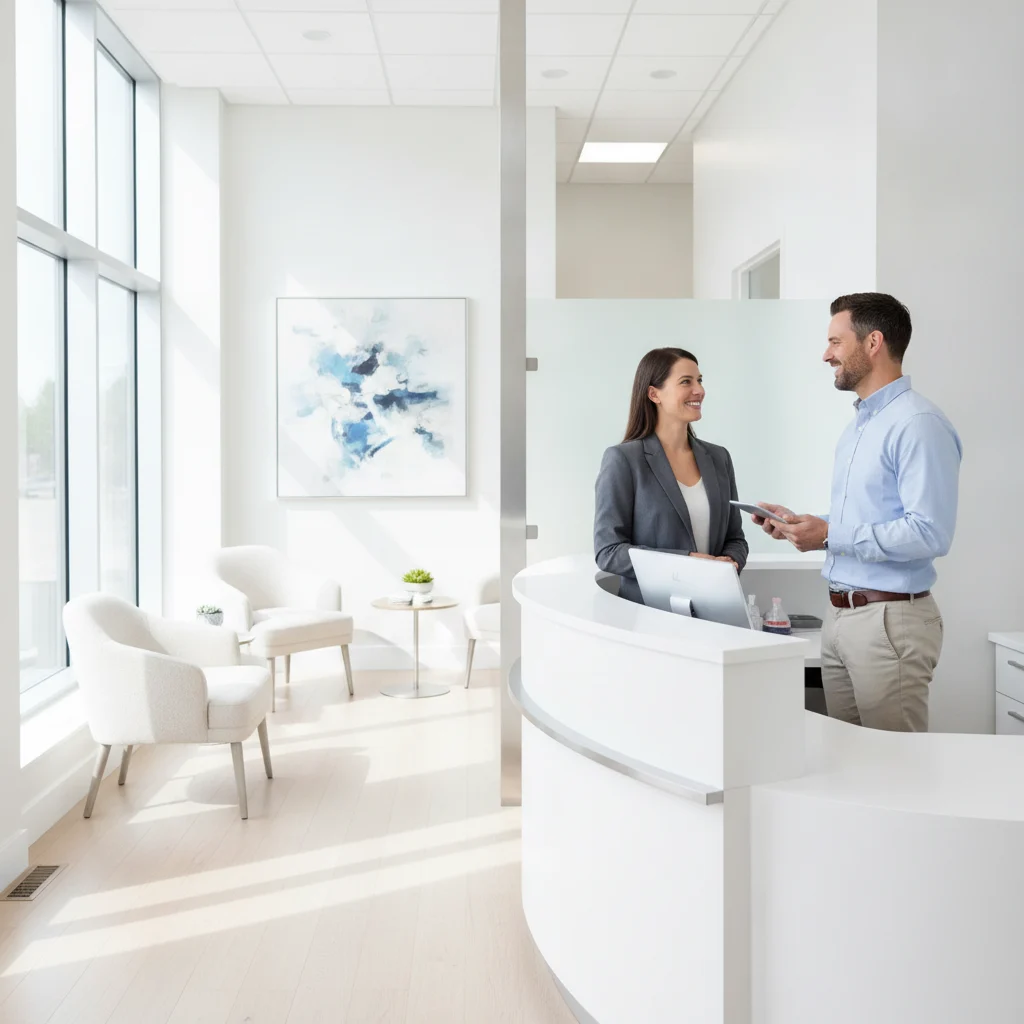 A modern, clean dental office reception area with a smiling receptionist interacting with a patient, reflecting trust and professionalism. Bright, natural lighting, no scary instruments, no text in the image.