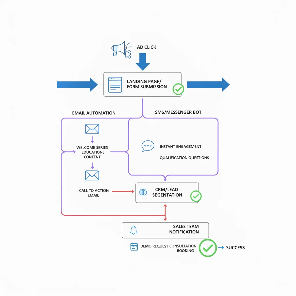 A complex digital flowchart illustrating automated lead capturing cascades, with arrows showing user journey from ad click to consultation booking, highlighting conversion points. Modern, clean design with professional icons. No text overlays, no text in image, no competitors, no low-lighting.