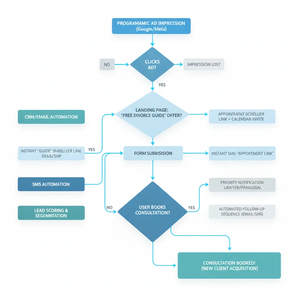 A detailed, modern flowchart illustrating the automated lead capturing cascade for a divorce law firm, showing stages from programmatic ad impression to consultation booking, with arrows indicating user flow and automated actions. No text overlays, no competitors, clean design.
