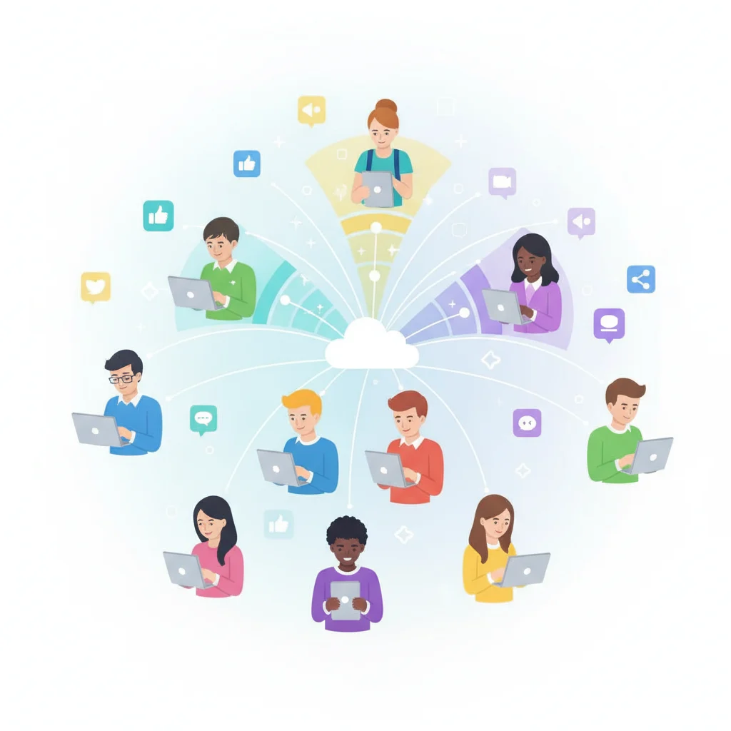 A vibrant, modern illustration depicting a diverse group of students from various backgrounds connecting through digital devices, with lines showing data flow and audience segmentation. The background hints at a dynamic online learning environment with subtle social media icons, no text overlays, no low-lighting, clean aesthetic.