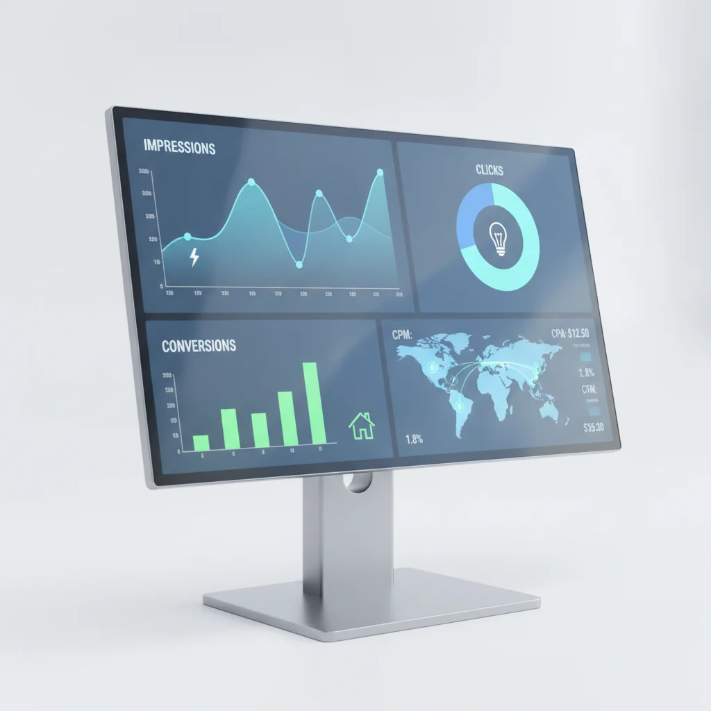 A modern, clean digital dashboard displaying various data visualizations, charts, and graphs related to programmatic advertising performance (impressions, clicks, conversions). The screen shows icons or subtle imagery related to electrical services (e.g., a lightning bolt, a light bulb, a house outline). The overall aesthetic is professional, high-tech, and bright, with no text overlays, no exposed wires, and no low-lighting. Focus on the data and the digital interface, not on electricians themselves.