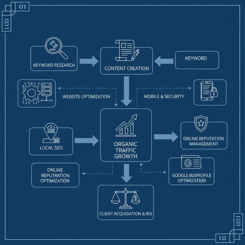 A detailed blueprint or flowchart showing the interconnected steps of an SEO strategy for a legal firm, with icons representing keyword research, content creation, technical SEO, and local SEO. The overall impression is organized and strategic. No text overlays, no low-lighting, no competitors.