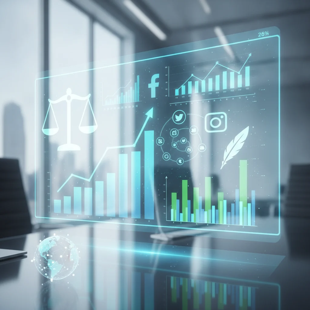 A stylized, professional image depicting a modern digital marketing dashboard with analytics graphs and social media icons, overlaid with subtle legal symbols like a scale or a quill. The scene should convey growth and strategic planning in a clean, high-tech, and optimistic manner. NO text overlays, NO text in image, NO competitors, NO low-lighting.
