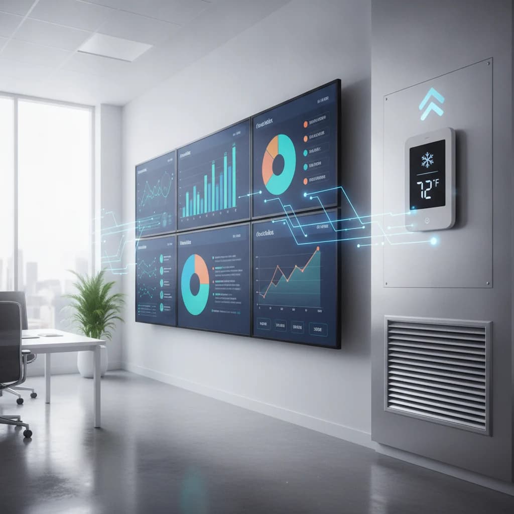 A professional, clean image depicting data analytics, digital screens showing charts and graphs, and subtle HVAC elements like a thermostat icon or a ventilation grill, all in a modern, bright setting. No text overlays, no competitors, no low-lighting.