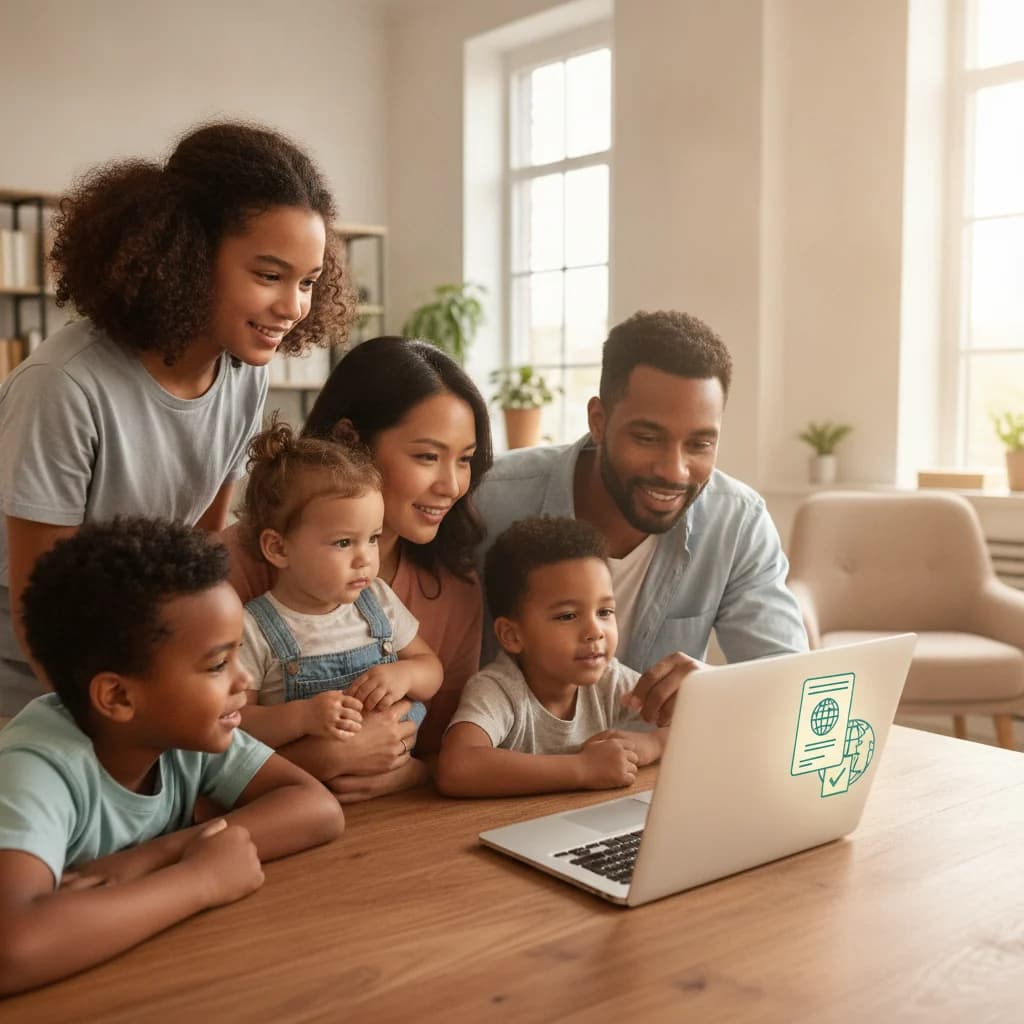 A diverse family looking hopeful while looking at a laptop with a subtle immigration document icon, bright and professional lighting, no text overlays, no competitors.