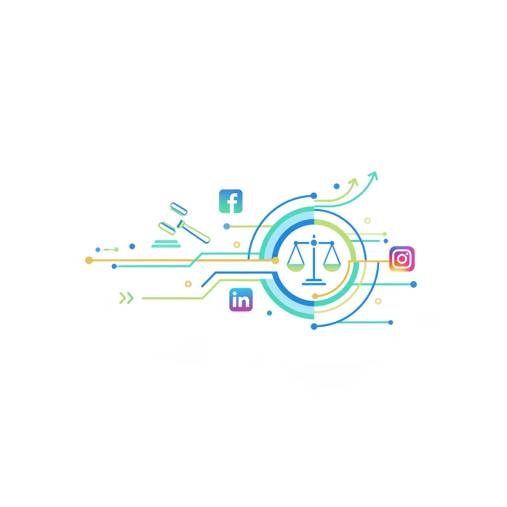 A professional, clean, and modern graphic representing social media marketing for immigration law. Features abstract legal symbols like a subtle gavel or scales integrated with social media icons (Facebook, Instagram, LinkedIn logos). The overall aesthetic is digital, growth-oriented, and dynamic, without text overlays or low lighting. Focus on bright, professional colors.