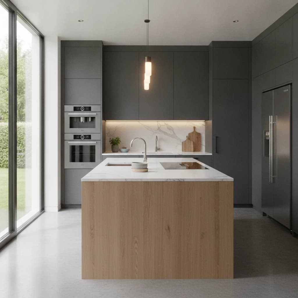 A modern, organized kitchen design concept, showcasing sleek cabinetry, contemporary appliances, and soft, inviting lighting. The image should convey a sense of aspiration and quality, suitable for a kitchen remodeler, without any text or unorganized elements. Focus on a clean, professional aesthetic with ample natural light.