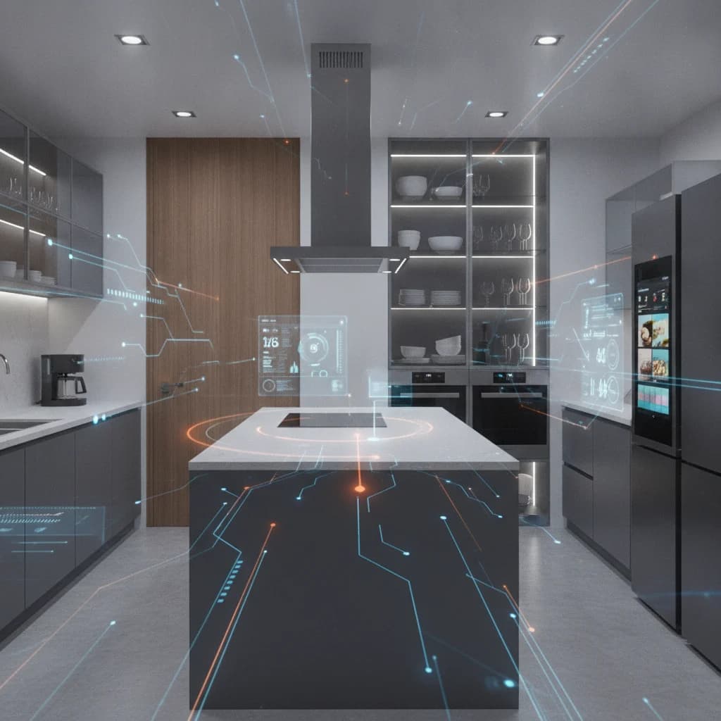 A modern, well-organized kitchen with sleek design elements, featuring a subtle overlay of digital analytics or a network of connected devices, symbolizing targeted programmatic advertising and data-driven growth. No text in the image, no competitors, no unorganized kitchens. Professional, clean aesthetic.