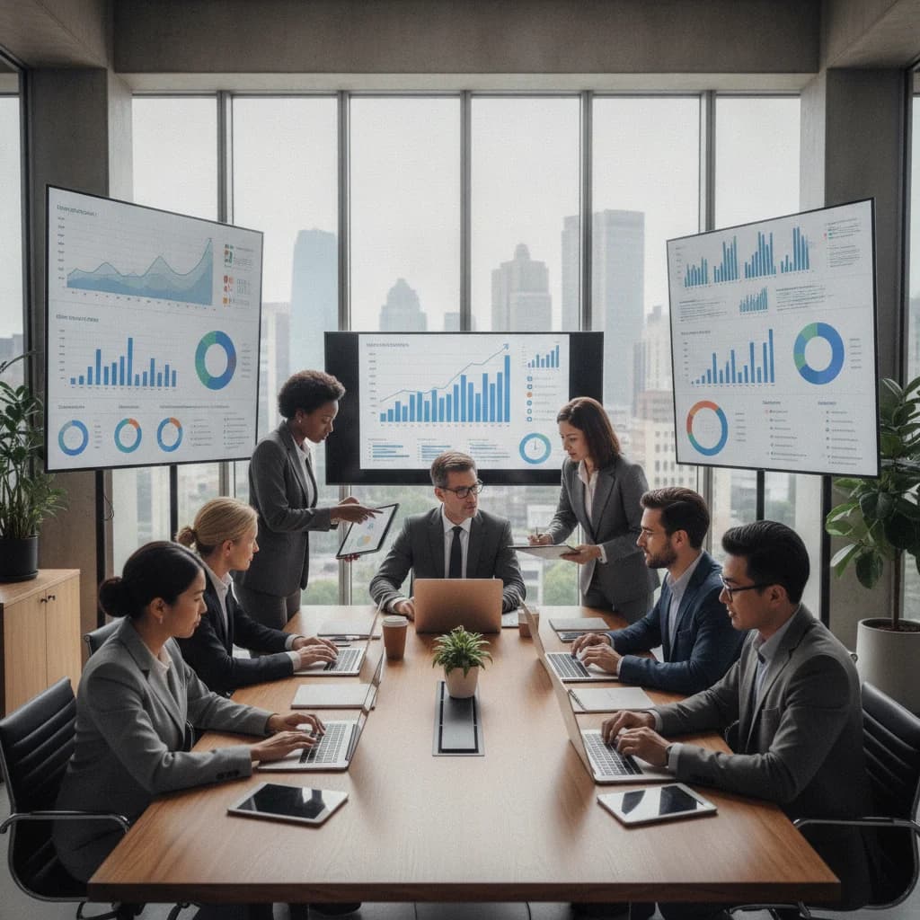 A diverse group of legal professionals collaboratively working on laptops and tablets in a modern, bright office, discussing social media ad strategies. Graphs and digital metrics are visible on screens. No text, no gavels.