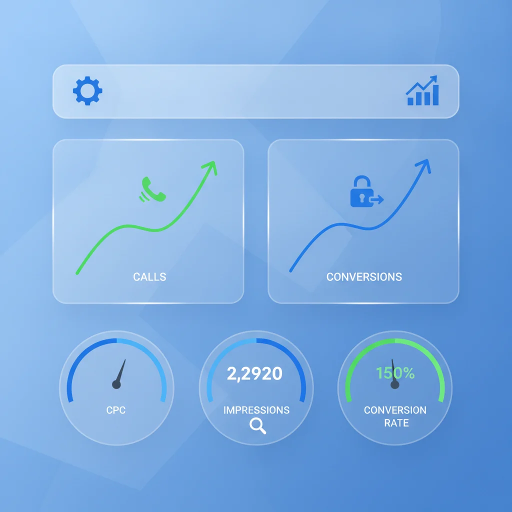 A detailed digital marketing dashboard showing analytics for a locksmith business, with graphs indicating increased calls and conversions. The interface should clearly display metrics like CPC, impressions, and conversion rate. The overall aesthetic is clean, professional, and optimistic, without any text in the image itself.