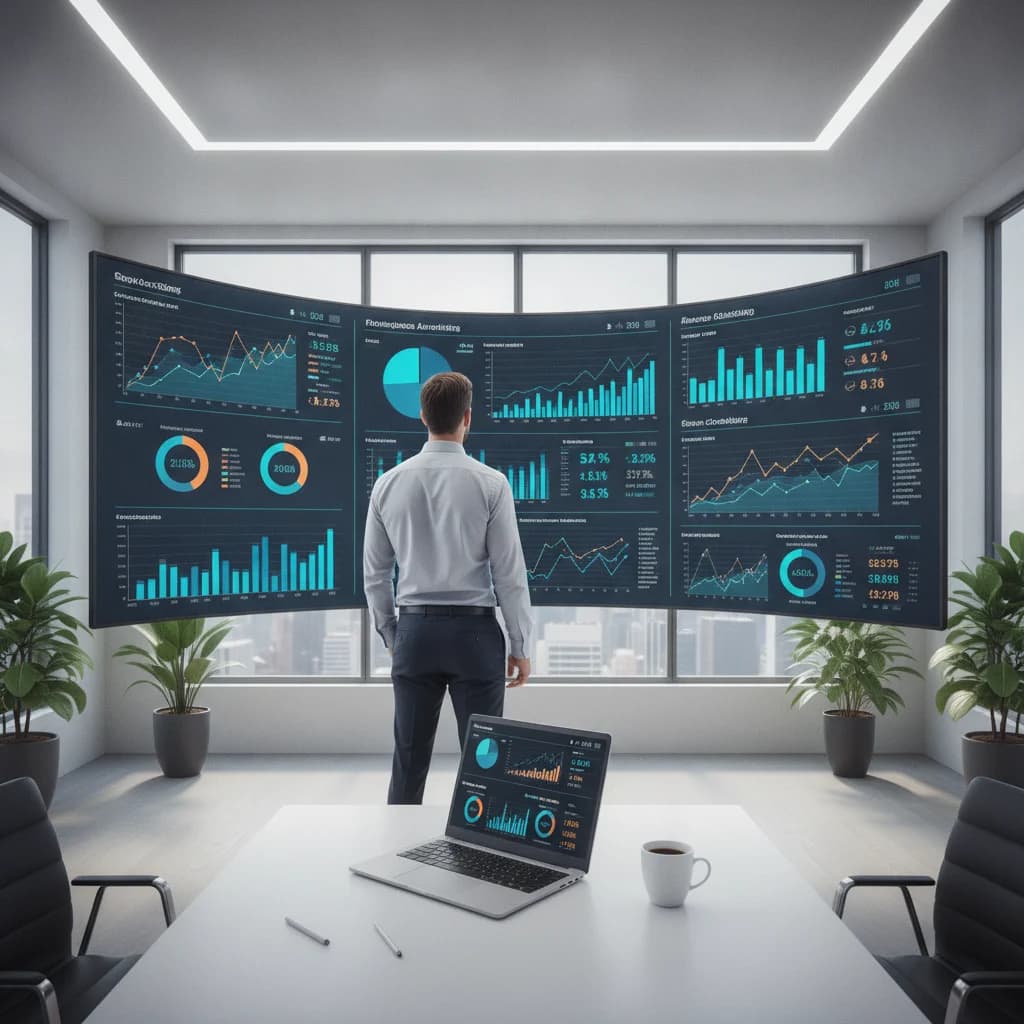 A locksmith professional analyzing programmatic ad data on a large digital screen, with charts and graphs displaying real-time performance metrics, a laptop and coffee on the desk, clean and modern office environment, no text in image, no competitors, no low-lighting, professional and focused atmosphere.