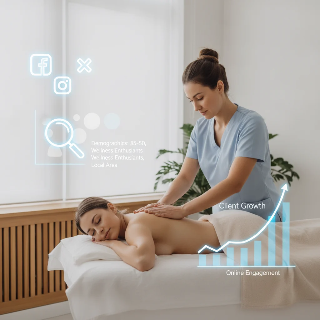 A vibrant, professional image showing a modern massage therapy clinic setting with a therapist gently massaging a client's back, overlaid with subtle digital marketing elements like social media icons, a magnifying glass over audience data, and upward-trending growth charts. The scene is brightly lit, clean, and inviting, conveying a sense of calm and professionalism. No text in the image, no competitors, no low-lighting.