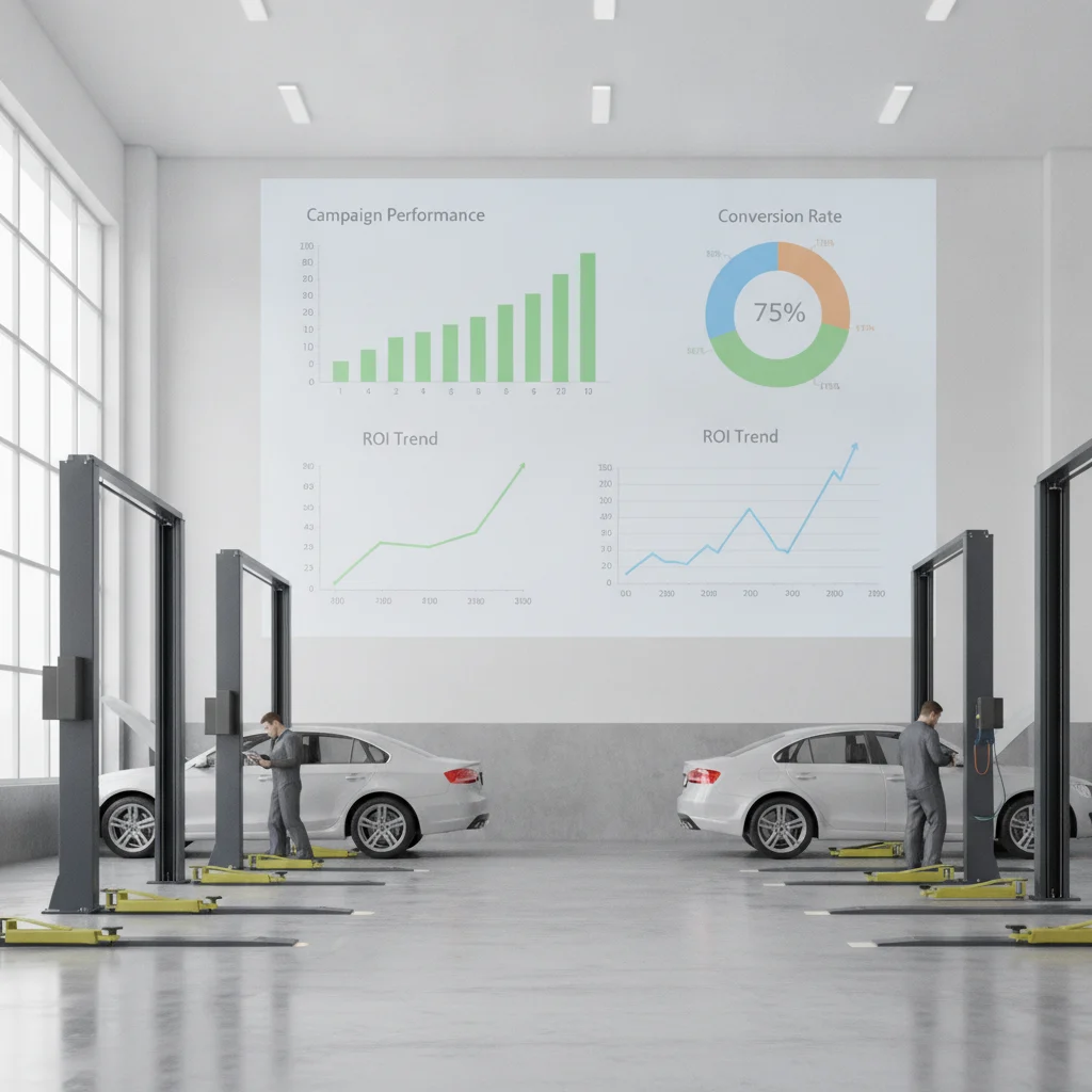 A modern, clean auto repair shop with a digital dashboard displaying various performance metrics like charts and graphs, representing successful PPC management. The scene should be bright, professional, and convey growth and efficiency, no text in image, no competitors, no low-lighting.