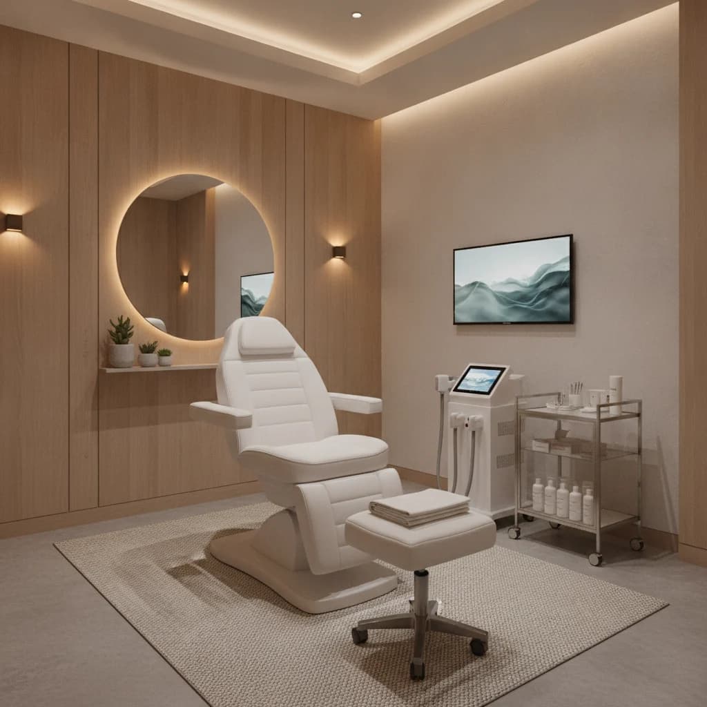 A modern, elegant med spa treatment room with soft lighting, a comfortable treatment chair, and subtle medical equipment. Focus on a clean, serene, and professional atmosphere, with no people, text, competitors, or exaggerated faces. High-quality, aspirational aesthetic.