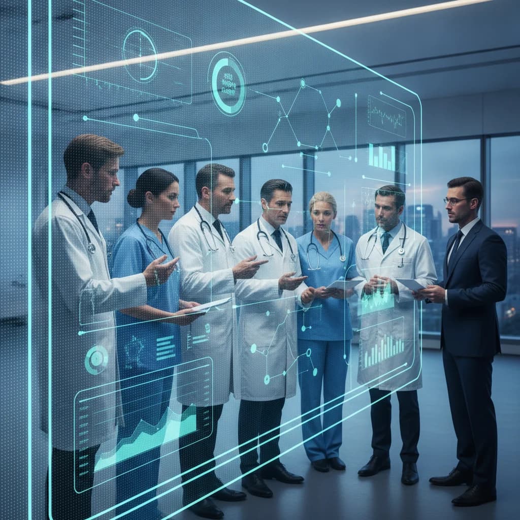 A professional, well-lit image of a diverse group of medical professionals (doctors, nurses, administrators) collaboratively reviewing data on a large digital screen, symbolizing strategic planning and growth in healthcare. The image should convey precision, expertise, and a focus on patient care without showing any text, competitors, low-lighting, cartoonish needles, or emergency room chaos.